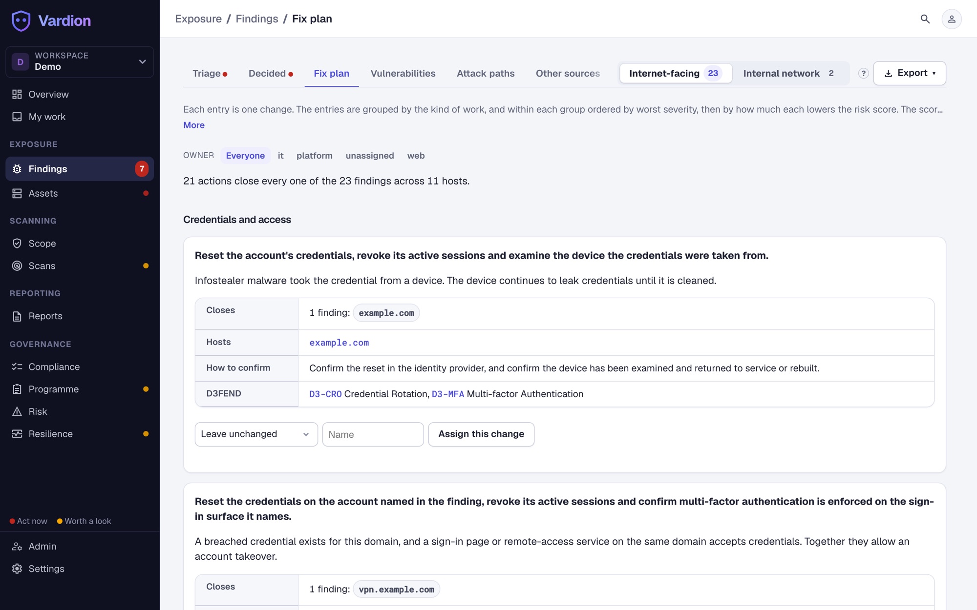The fix plan: each entry is one change, with the findings it closes, the hosts and how to confirm it